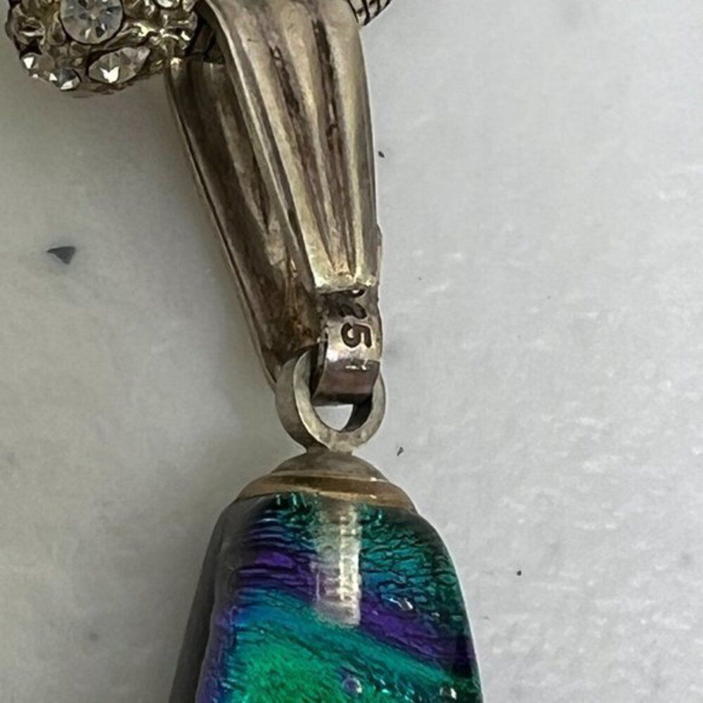 Fused Glass Necklace Geometric Blue‎ Dichroic Sterling Silver 925 Chain Stripe - Picture 5 of 10